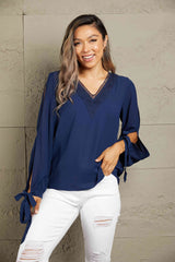 Double Take V-Neck Tie Cuff Slit Blouse