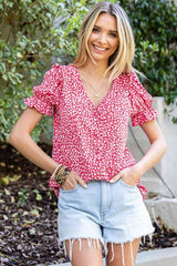 Printed Flounce Sleeve Plunge Blouse