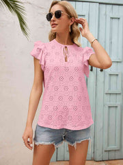 Eyelet Tie Neck Flutter Sleeve Blouse