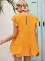 Round Neck Flutter Sleeve Tiered Blouse