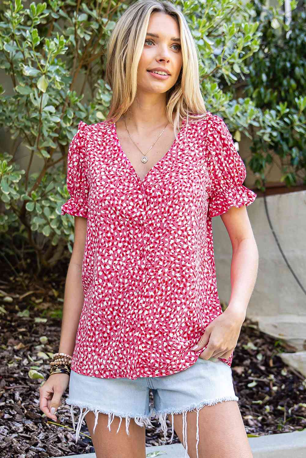 Printed Flounce Sleeve Plunge Blouse