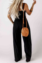 Smocked Square Neck Wide Leg Jumpsuit with Pockets